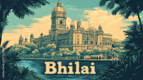 Bhilai, India, retro french vintage art nouveau travel poster art. City name in text, bold art nouveau font. Background, banner, wallpaper