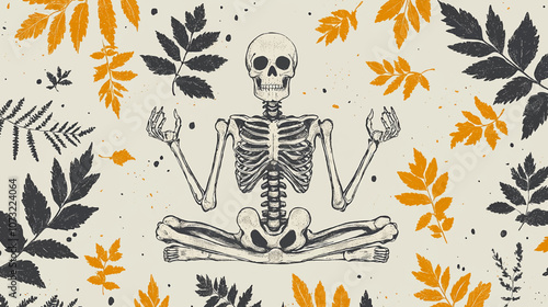 A playful pattern featuring a skeleton in a meditative pose surrounded by leaves pattern vector illustration.