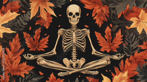 A playful pattern featuring a skeleton in a meditative pose surrounded by leaves pattern vector illustration.