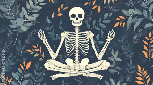 A playful pattern featuring a skeleton in a meditative pose surrounded by leaves pattern vector illustration.
