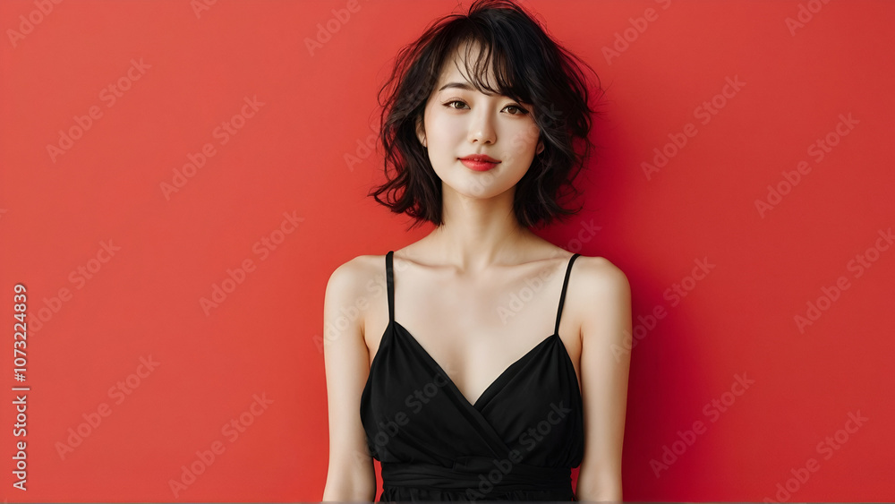 Japanese fashionable woman in black sundress happy lifestyle isolated Japanese fashionable woman in black sundress happy lifestyle isolated