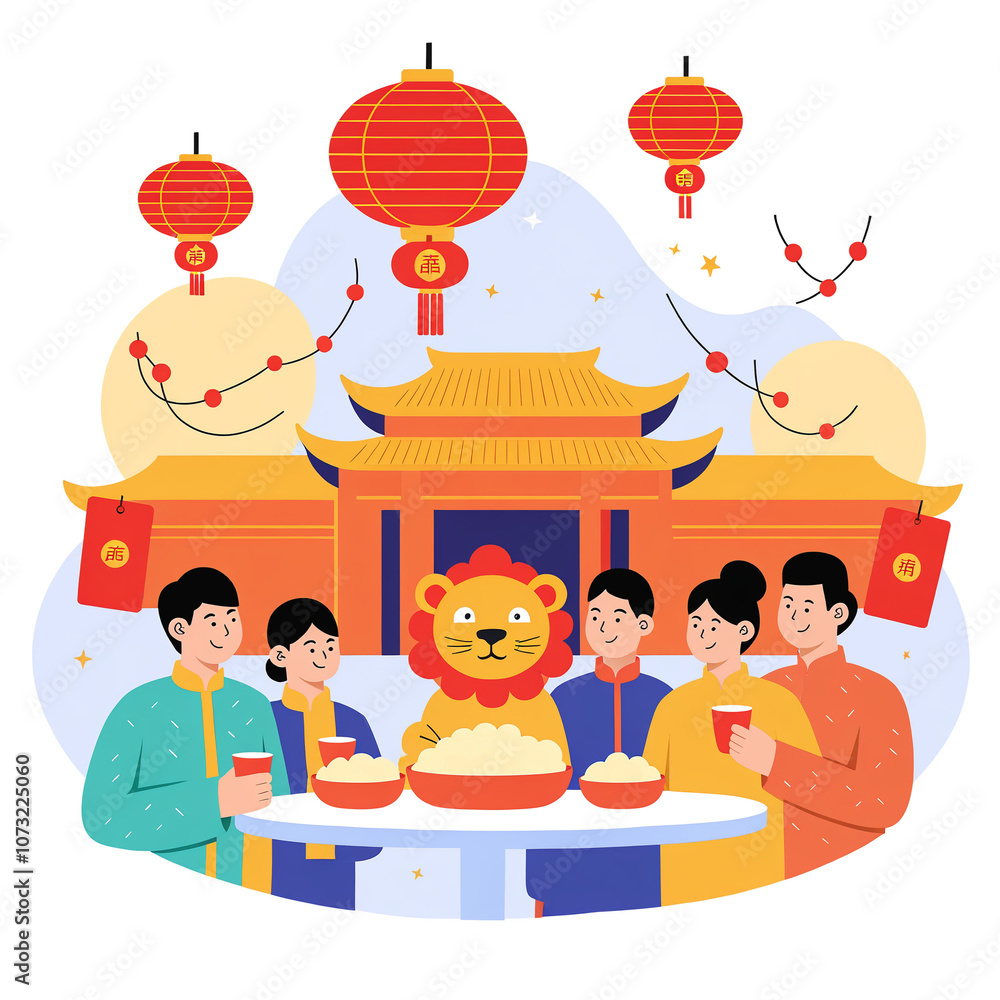 Chinese New Year festivities and celebration with friends and family. Asian lunar holiday by decorating with dragons, market booths, and oriental lanterns. cartoon Chinese New Year festivities and celebration with friends and family. Asian lunar holiday by decorating with dragons, market booths, and oriental lanterns. cartoon