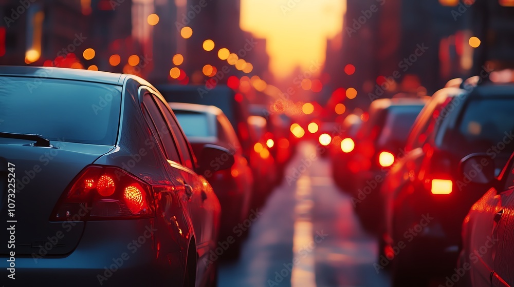 A close up of a car in a line of traffic at night. A close up of a car in a line of traffic at night.