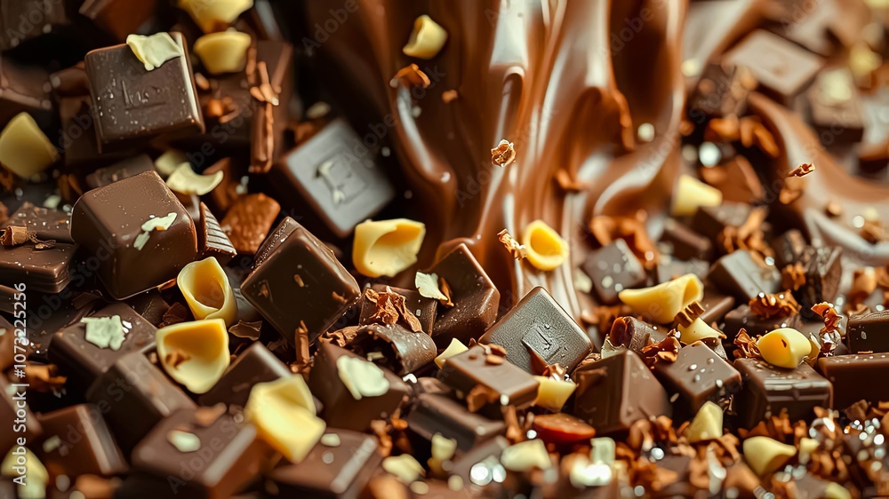 A close-up view of melted dark chocolate cascading over a bed of chopped and whole squares of chocolate, with a few white chocolate pieces dispersed throughout. A close-up view of melted dark chocolate cascading over a bed of chopped and whole squares of chocolate, with a few white chocolate pieces dispersed throughout.