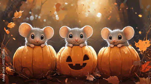 Vector set of mouse characters, Halloween kawaii cartoon style. Rats dressed up in pumpkin hat, Mouse with pumpkin and candies. Halloween and thanksgiving cartoon illustration.