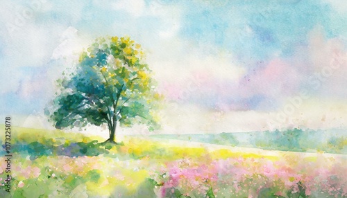 watercolor landscape painting with a tree