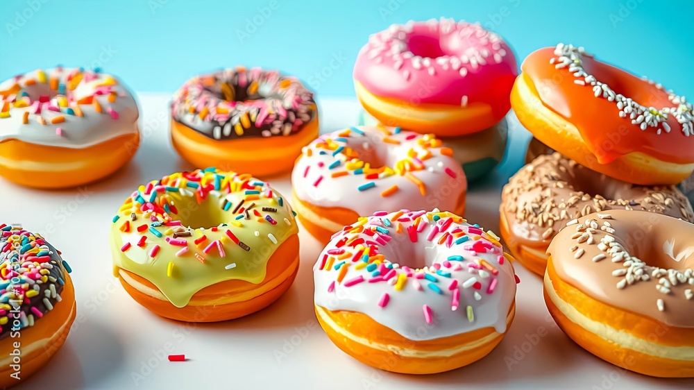 A delightful assortment of freshly baked donuts with colorful sprinkles and various frosting flavors, arranged on a clean white surface against a light blue background. A delightful assortment of freshly baked donuts with colorful sprinkles and various frosting flavors, arranged on a clean white surface against a light blue background.