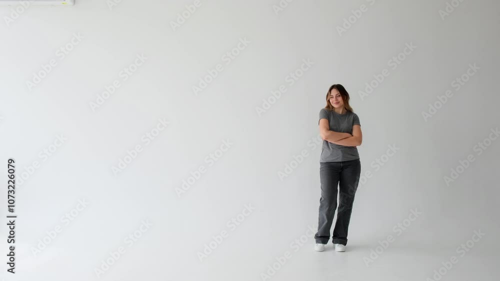 Positive Caucasian young adult woman looking on left side, showing satisfaction, enjoyment, pleasure on white background. Shot with copy space. Positive Caucasian young adult woman looking on left side, showing satisfaction, enjoyment, pleasure on white background. Shot with copy space.