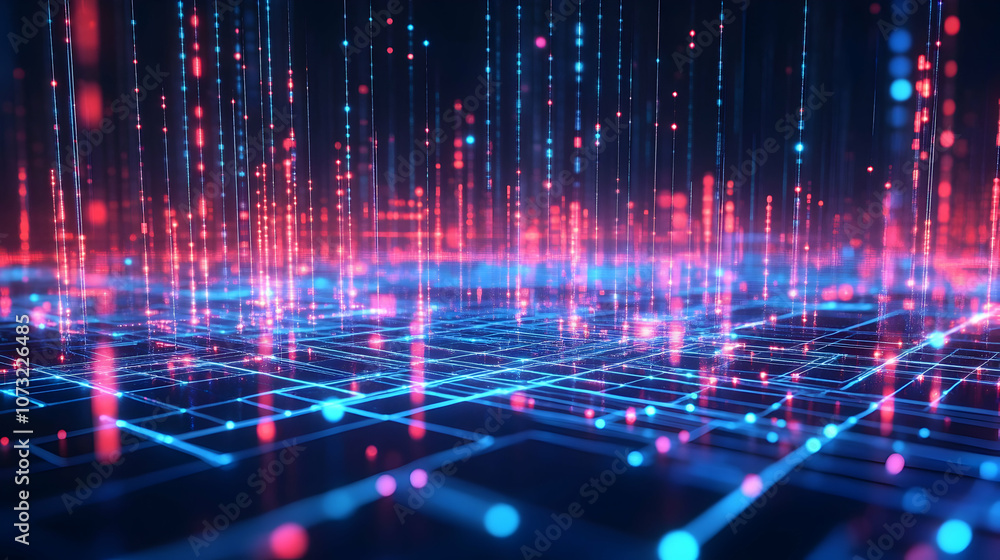 A futuristic digital landscape with vertical streams of glowing red and blue light particles on a dark grid surface. A futuristic digital landscape with vertical streams of glowing red and blue light particles on a dark grid surface.