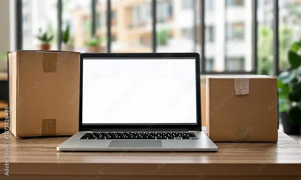 Computer with copy space on blank screen and online shopping packages around. Concept of buying and selling online Computer with copy space on blank screen and online shopping packages around. Concept of buying and selling online