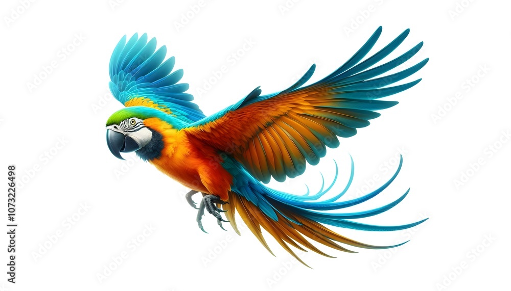 Obraz premium Colorful macaw parrot flying isolated on white. Set of colorful flying macaw parrot, isolated on white background. flying parrots isolated on white background, clipart. Parrot Png with transparent bg
