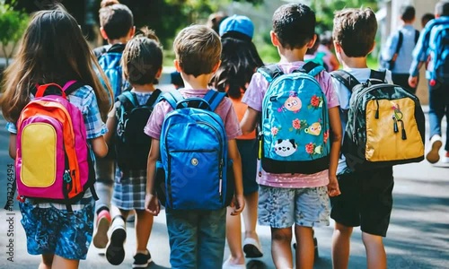 Children going to school with their backpacks seen from the back