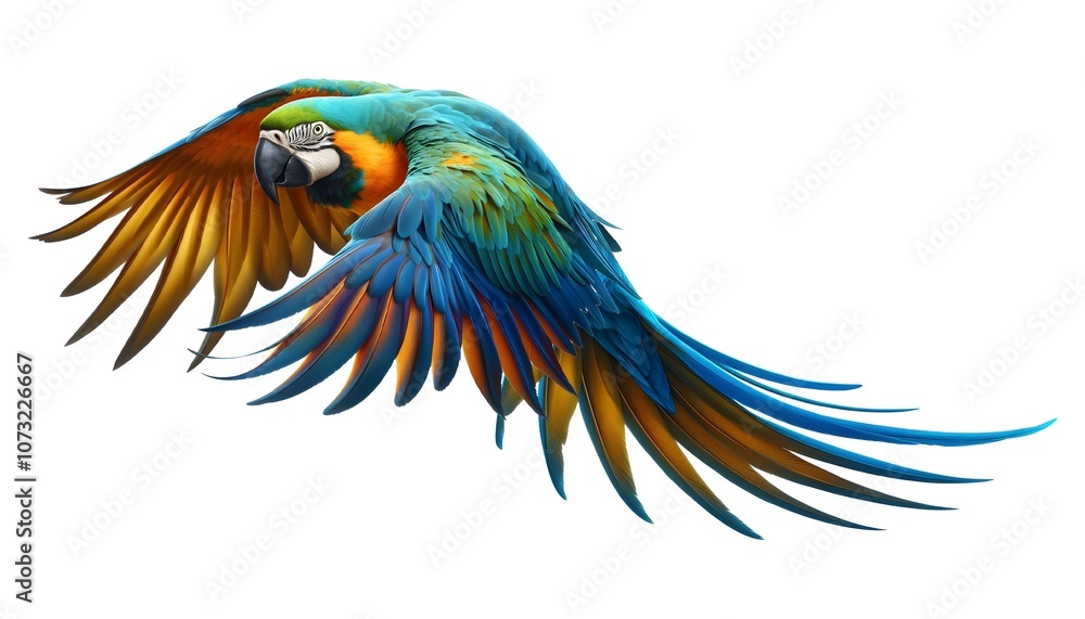 Fototapeta premium Colorful macaw parrot flying isolated on white. Set of colorful flying macaw parrot, isolated on white background. flying parrots isolated on white background, clipart. Parrot Png with transparent bg