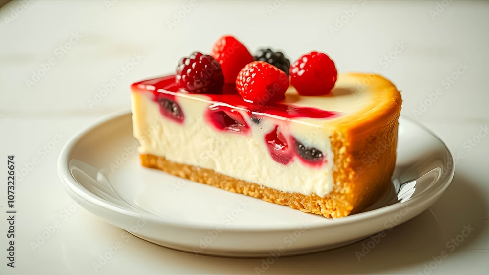 A Single Slice of Cheesecake with a Glaze and Topped with Fresh Berries on a White Plate A Single Slice of Cheesecake with a Glaze and Topped with Fresh Berries on a White Plate