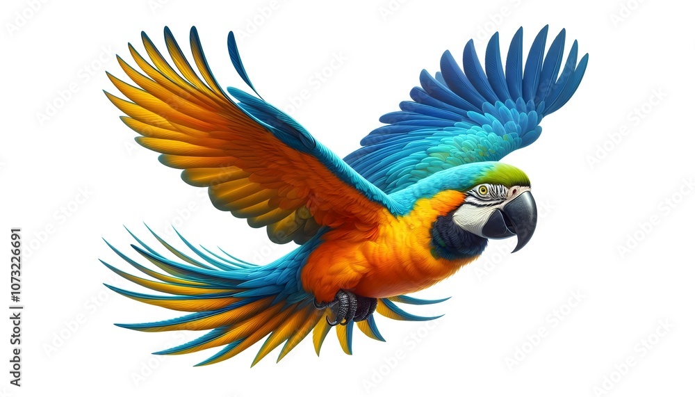 Fototapeta premium Colorful macaw parrot flying isolated on white. Set of colorful flying macaw parrot, isolated on white background. flying parrots isolated on white background, clipart. Parrot Png with transparent bg