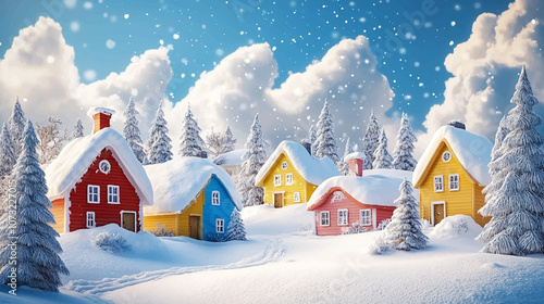 A whimsical winter wonderland scene featuring colorful snow covered houses and pine trees, with fluffy clouds overhead and gentle snowflakes falling.