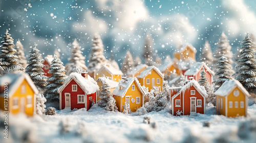 A whimsical winter wonderland scene featuring colorful snow covered houses and pine trees, with fluffy clouds overhead and gentle snowflakes falling.