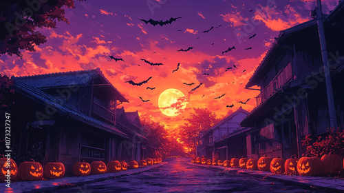An anime style orange and purple sky with bats flying, with houses on the street in front of it. The road is lined by jack o lanterns due to halloween, creating an eerie atmosphere.