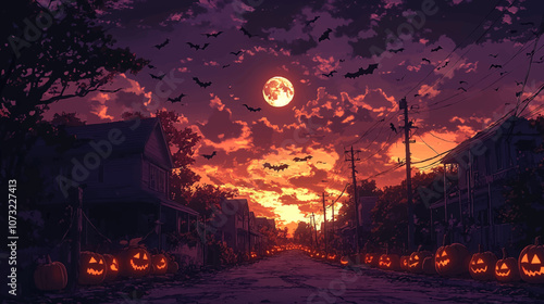 An anime style orange and purple sky with bats flying, with houses on the street in front of it. The road is lined by jack o lanterns due to halloween, creating an eerie atmosphere.