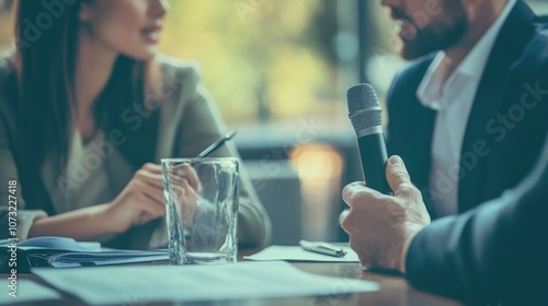 Businessman Holding Microphone During Meeting photo