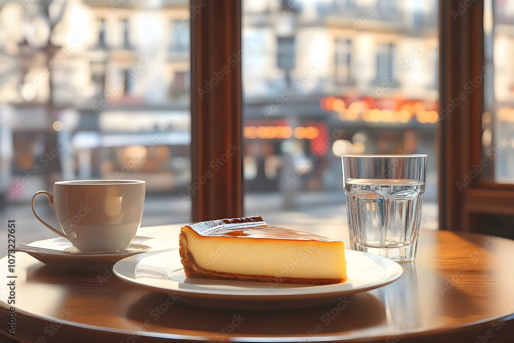 Close-up of a Flan Parisien slice with a caramelized top on a white plate, with a water glass and coffee on a bistrot table. Large windows reveal Parisian street life and café ambiance Close-up of a Flan Parisien slice with a caramelized top on a white plate, with a water glass and coffee on a bistrot table. Large windows reveal Parisian street life and café ambiance