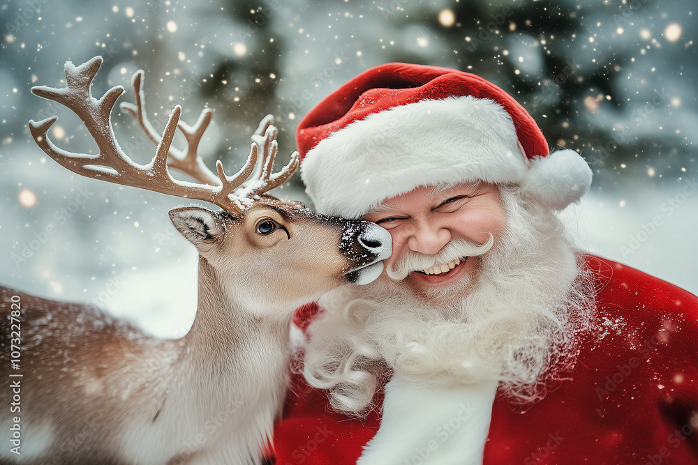 A man in a red Santa hat is kissing a deer A man in a red Santa hat is kissing a deer