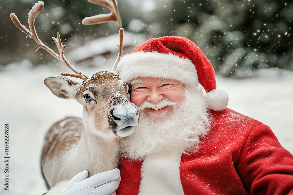 A deer is standing next to Santa Claus, who is smiling and looking at the camera A deer is standing next to Santa Claus, who is smiling and looking at the camera