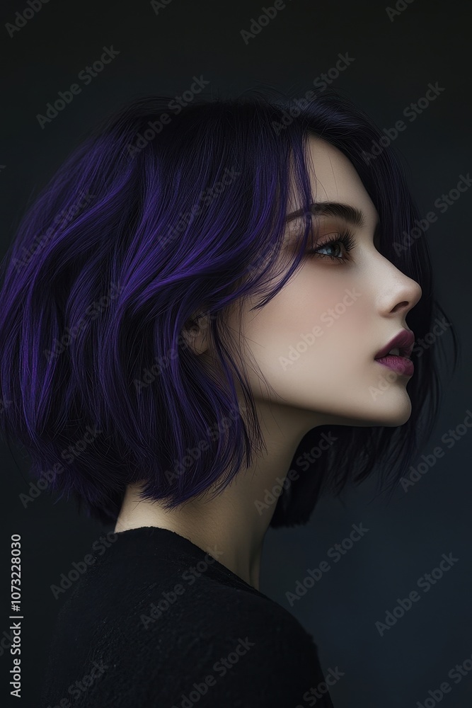 Dark purple dyed hair, shoulder length bob haircut, side view of face, woman dressed in black. Bright stylish coloring that emphasizes individuality Dark purple dyed hair, shoulder length bob haircut, side view of face, woman dressed in black. Bright stylish coloring that emphasizes individuality
