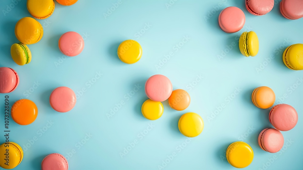 A delightful arrangement of pastel macarons on a light blue background, showcasing the soft colors and delicate textures of these popular French treats. A delightful arrangement of pastel macarons on a light blue background, showcasing the soft colors and delicate textures of these popular French treats.
