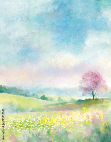 watercolor landscape painting with a tree