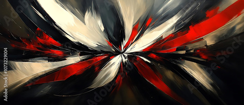 abstract composition featuring dynamic red, black, and white swirls, creating sense of movement and energy. bold colors and fluid shapes evoke modern artistic expression photo