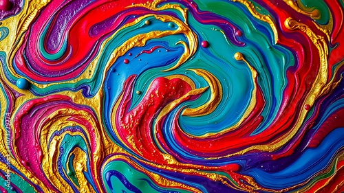 Abstract Swirling Acrylic Paint in Vibrant Hues of Red, Blue, Green, and Gold