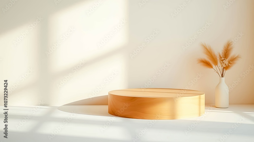 Simple Wooden Platform with Dried Flowers and Light Streaks on a White Wall Simple Wooden Platform with Dried Flowers and Light Streaks on a White Wall