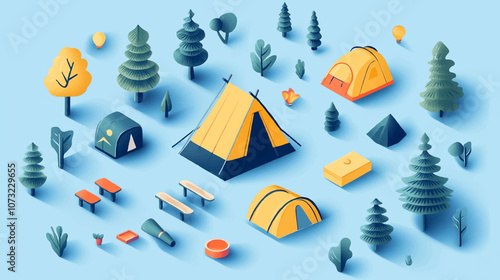 Various camping and picnic setups, isometric style on a soft color background. Concept of outdoor activities and leisure. Tent, tree, fire and wood Vector illustration.