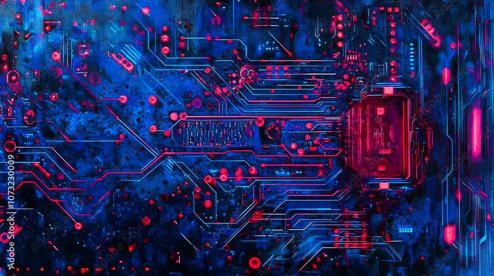 A futuristic blue and red circuit board with glowing lines and advanced electronic patterns. A futuristic blue and red circuit board with glowing lines and advanced electronic patterns.