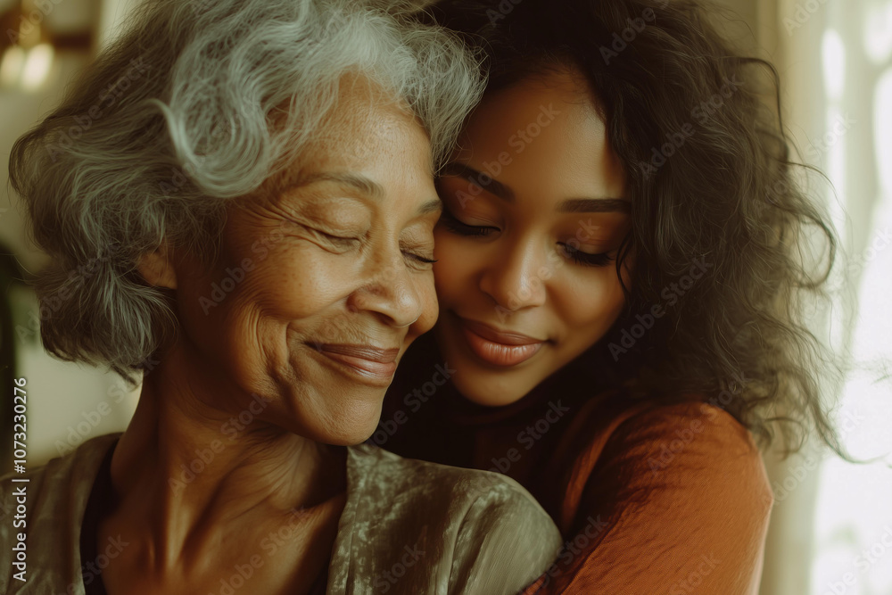 Fototapeta premium two African American women embracing, the elderly woman with silver hair hugging her adult daughter from behind, both smiling joyfully in an embrace.