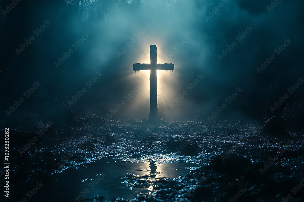A glowing cross shining in the dark with rays of divine light spreading out, creating a powerful spiritual and inspirational scene against a dark background.
A glowing cross shining in the dark with rays of divine light spreading out, creating a powerful spiritual and inspirational scene against a dark background.