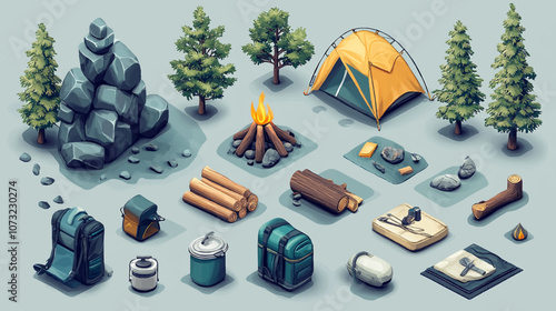 Various camping and picnic setups, isometric style on a soft color background. Concept of outdoor activities and leisure. Tent, tree, fire and wood Vector illustration.