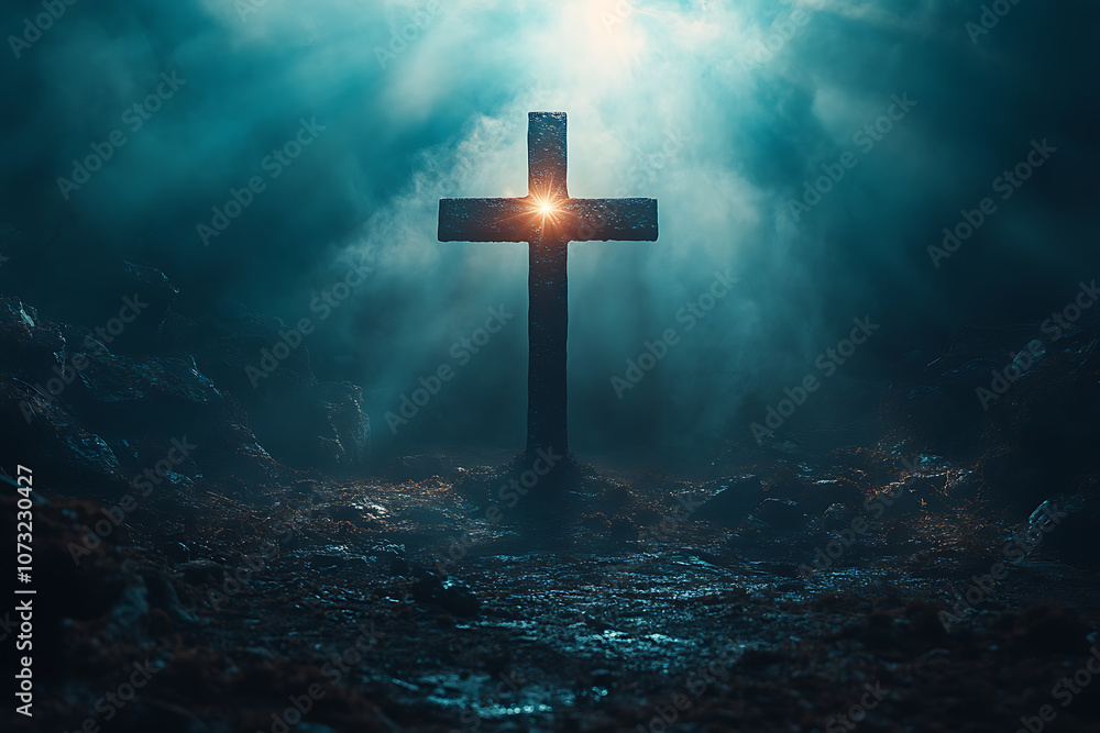 Naklejka premium A glowing cross shining in the dark with rays of divine light spreading out, creating a powerful spiritual and inspirational scene against a dark background. 