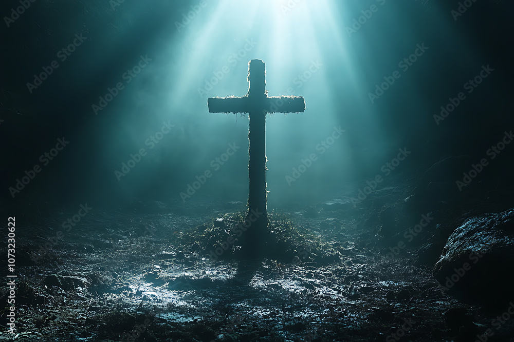 Naklejka premium A glowing cross shining in the dark with rays of divine light spreading out, creating a powerful spiritual and inspirational scene against a dark background. 