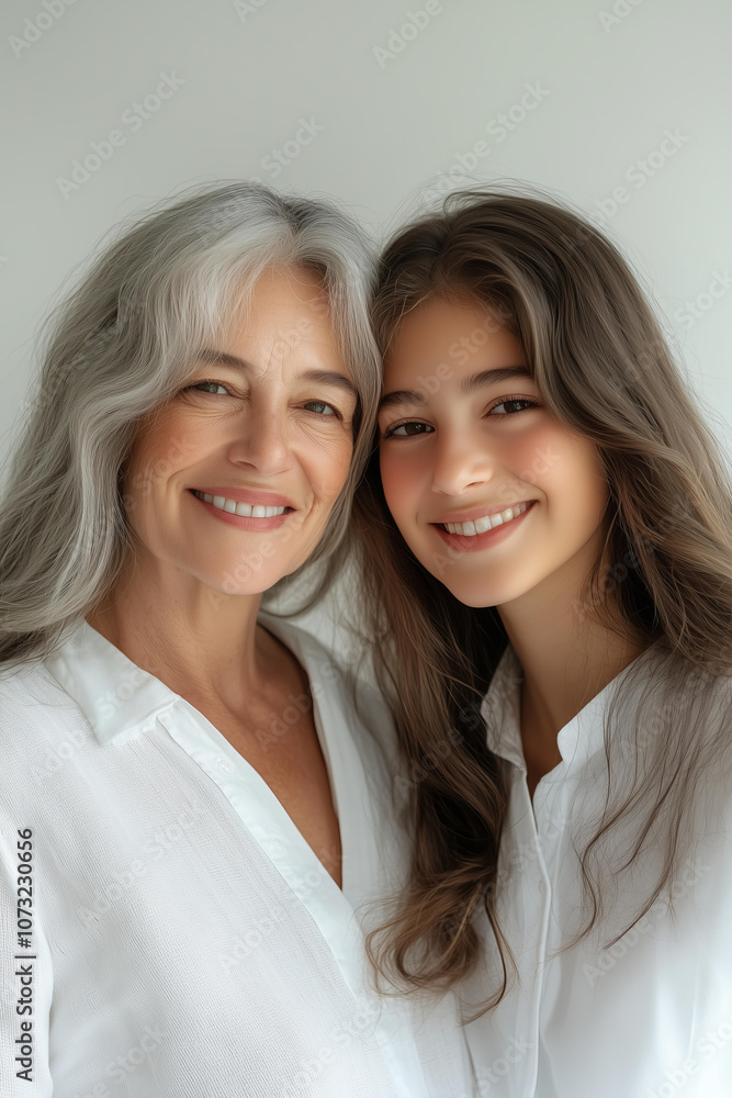 attractive older woman with her daughter, both smiling and wearing white against a light background. The focus is on their faces, highlighting the beauty in each other's eyes. attractive older woman with her daughter, both smiling and wearing white against a light background. The focus is on their faces, highlighting the beauty in each other's eyes.