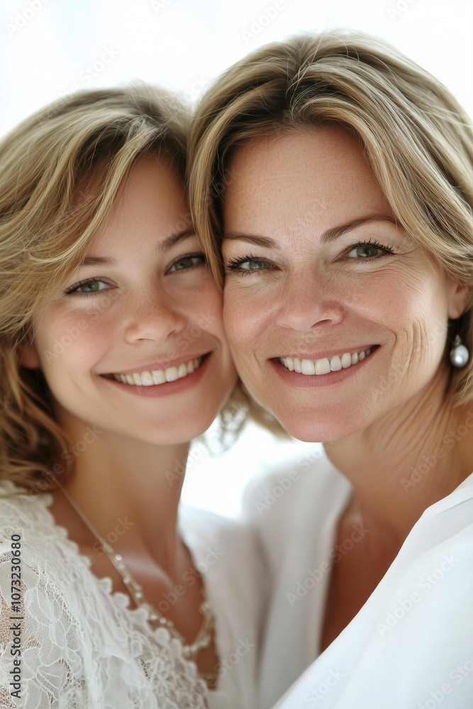 attractive older woman with her daughter, both smiling and wearing white against a light background. The focus is on their faces, highlighting the beauty in each other's eyes. attractive older woman with her daughter, both smiling and wearing white against a light background. The focus is on their faces, highlighting the beauty in each other's eyes.