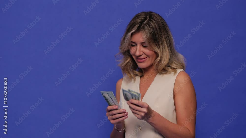 A cheerful woman with blonde hair holds a stack of dollar bills, counting them imagining what she could purchase. She is dressed in a sleeveless beige top isolated on blue background. A cheerful woman with blonde hair holds a stack of dollar bills, counting them imagining what she could purchase. She is dressed in a sleeveless beige top isolated on blue background.