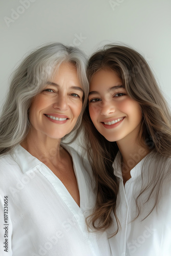  attractive older woman with her daughter, both smiling and wearing white against a light background. The focus is on their faces, highlighting the beauty in each other's eyes. 