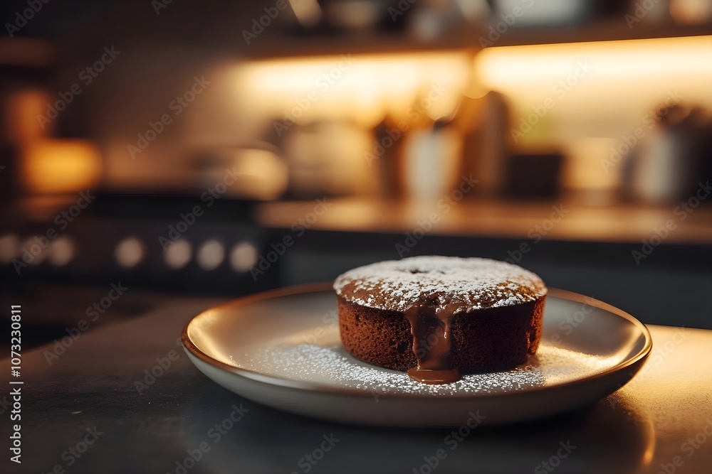 Close-up of a Moelleux au Chocolat, chocolate cake, on a modern white plate, with rich chocolate filling oozing slightly. Set on a polished stone countertop in a sleek, sunlit French kitchen Close-up of a Moelleux au Chocolat, chocolate cake, on a modern white plate, with rich chocolate filling oozing slightly. Set on a polished stone countertop in a sleek, sunlit French kitchen