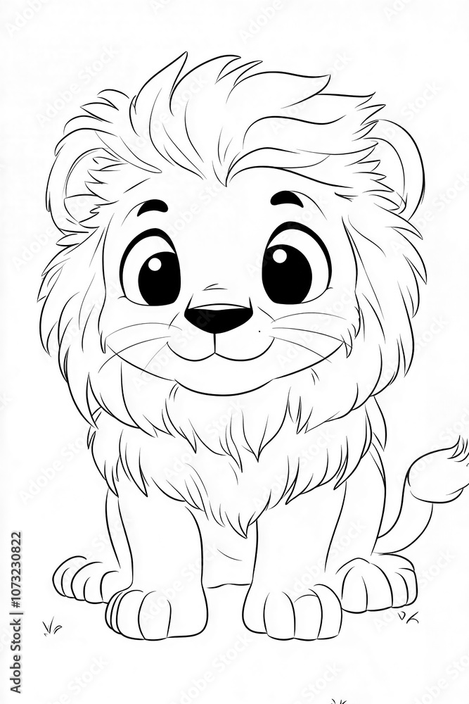 Black-and-white line drawing of a cute, smiling lion with a fluffy mane, friendly eyes, and bold outlines for a children's coloring book. Black-and-white line drawing of a cute, smiling lion with a fluffy mane, friendly eyes, and bold outlines for a children's coloring book.