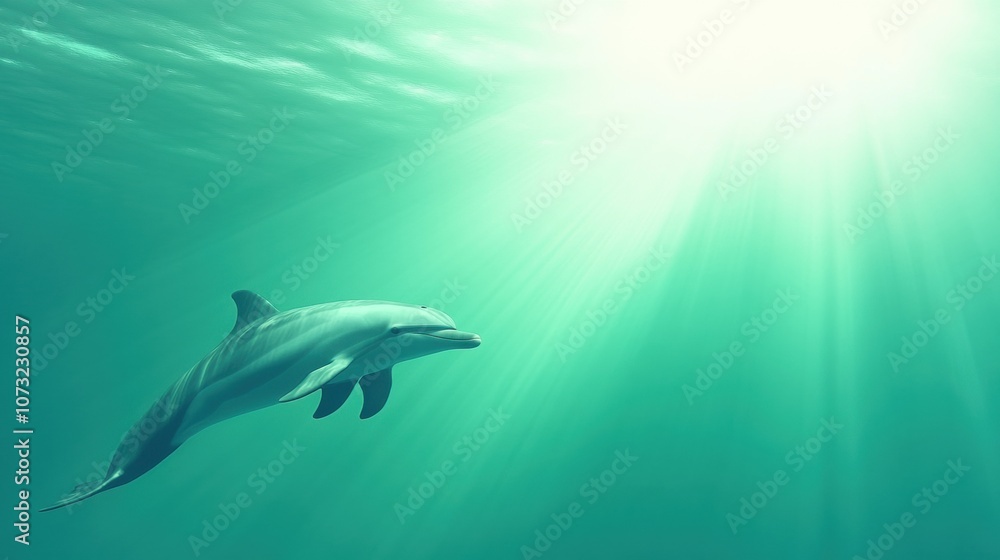 Fototapeta premium Dolphin gracefully swimming under sunlit ocean waters, AI