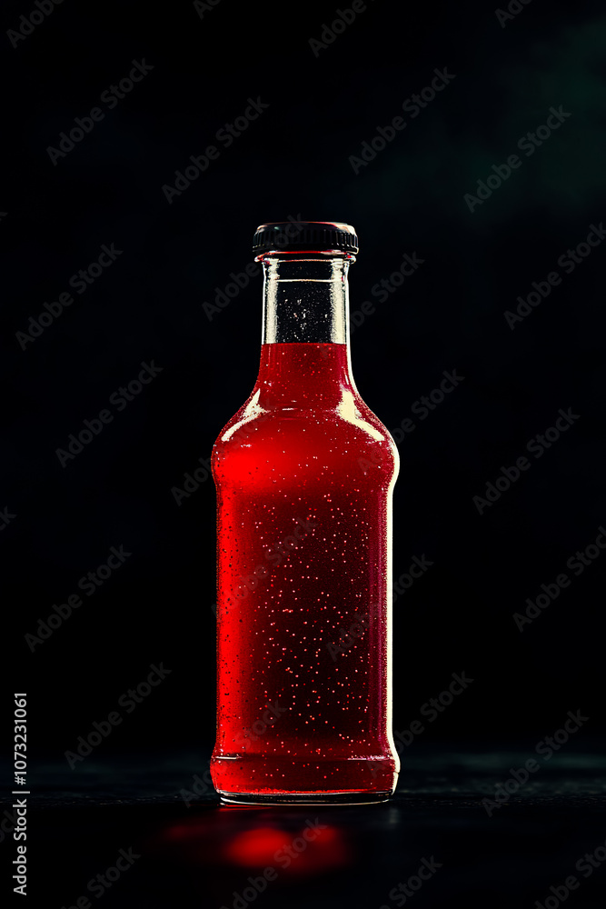 A bottle of chili sauce sits prominently on a dark background, showcasing its vibrant red color and glossy texture. A bottle of chili sauce sits prominently on a dark background, showcasing its vibrant red color and glossy texture.