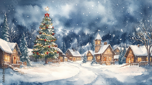 Charming watercolor painting of a winter village adorned with snow, featuring cozy houses, a decorated Christmas tree, and festive atmosphere. Vector Illustration Winter Village Scene in Watercolor.