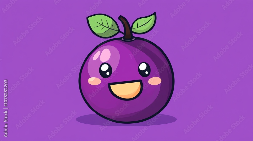 Fototapeta premium A cute cartoon plum with a big smile on a purple background.